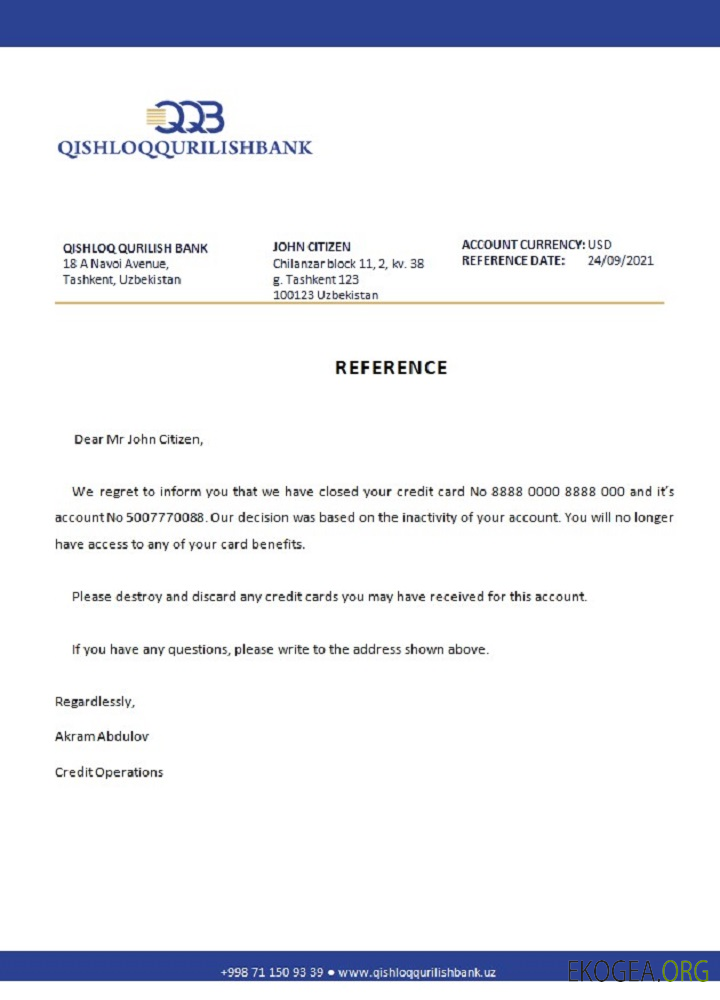 Ouzbékistan , Qishloq Qurilish Bank , closure référence